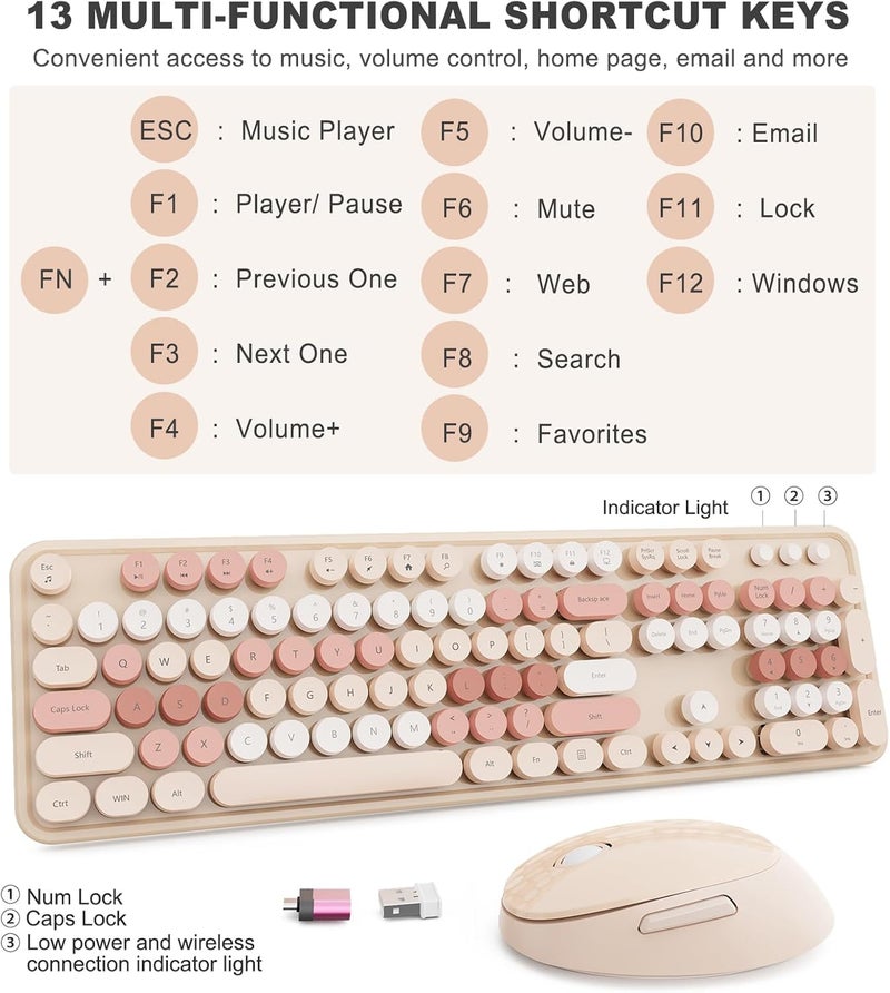 Nowlike Wireless Keyboard and Mouse, Full-Size Typewriter Keyboard with Retro Round Keycaps, Ergonomic Design, Compatible with Windows PCs, Ideal for Home and Office. (Milk Tea) - Image 4